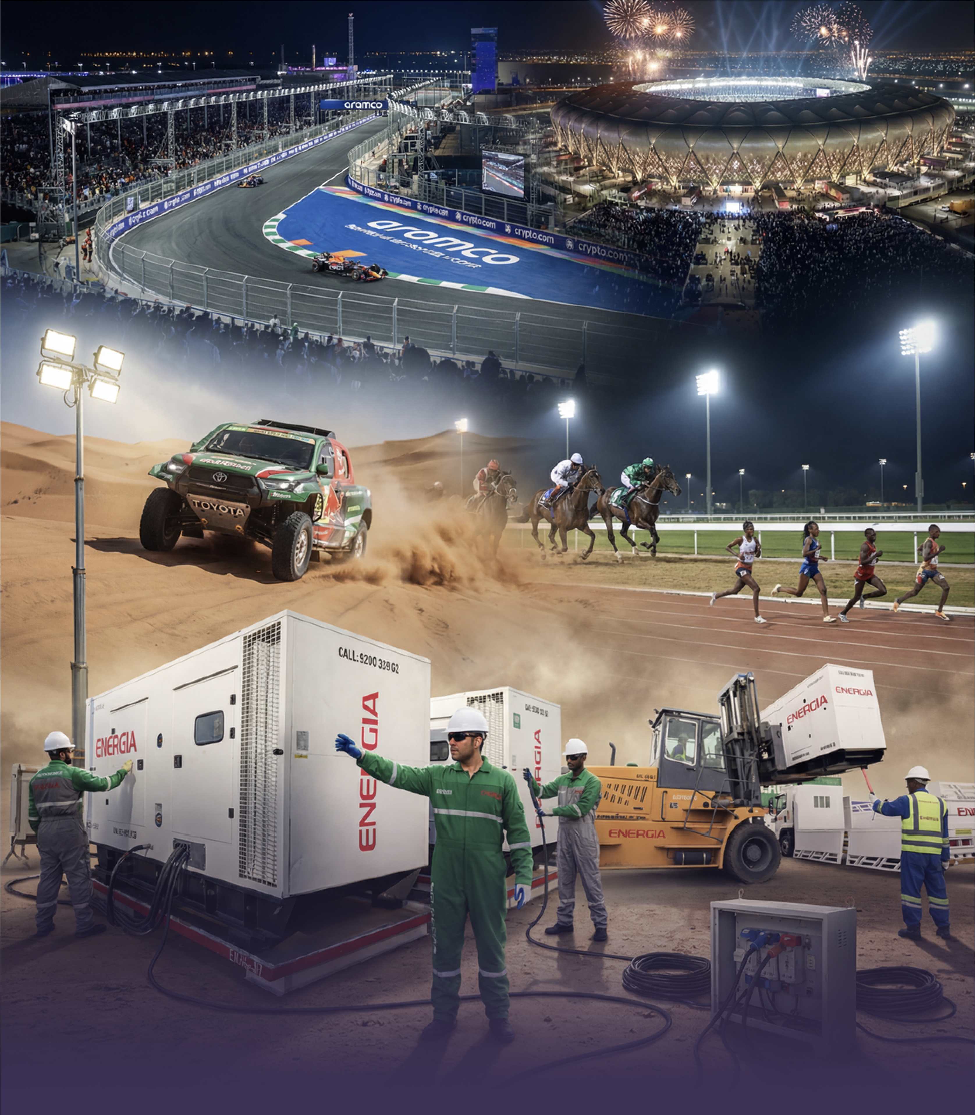 Energia crews powering motorsport, stadium and desert events across the Kingdom